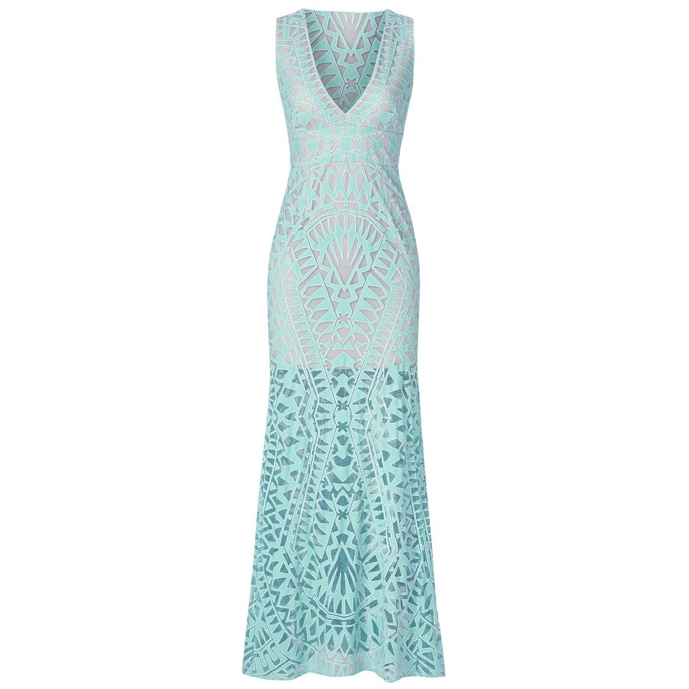 BCBGMAXAZRIA Maranda Gown Women 4 Light Aqua Blue Geo Lace Overlay Occasionwear
